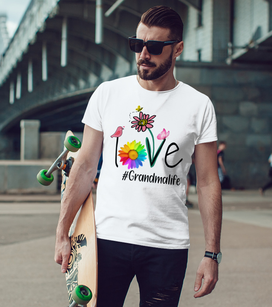 Love #Grandmalife Rainbow Heart Floral Bird Butterfly T-Shirt
