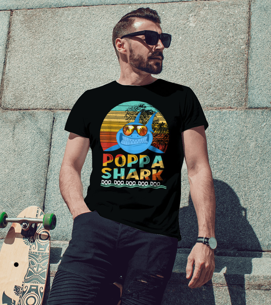 Poppa Shark Doo Doo Doo Doo Doo Retro Sunset Palm Trees Sunglasses T-Shirt