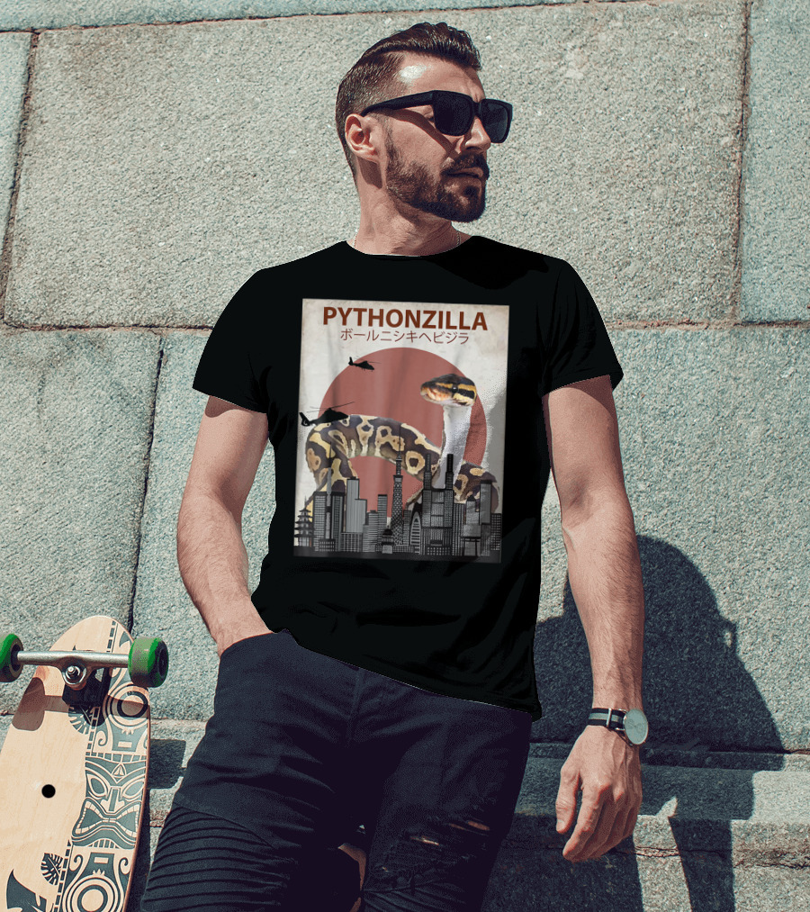 Pythonzilla Ball Python Funny Snake Skyline Helicopter Japanese Text T-Shirt