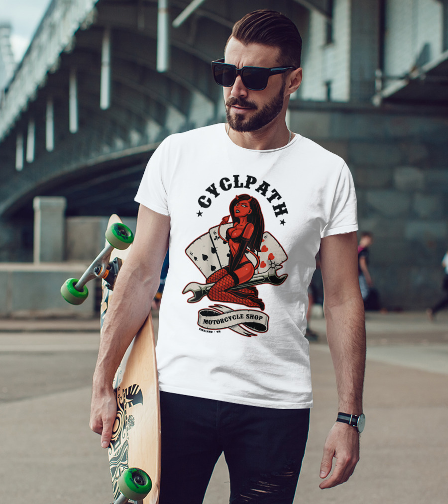 Cyclpath Red She Devil Motorcycle Shop Kirkland Poker Cards T-Shirt