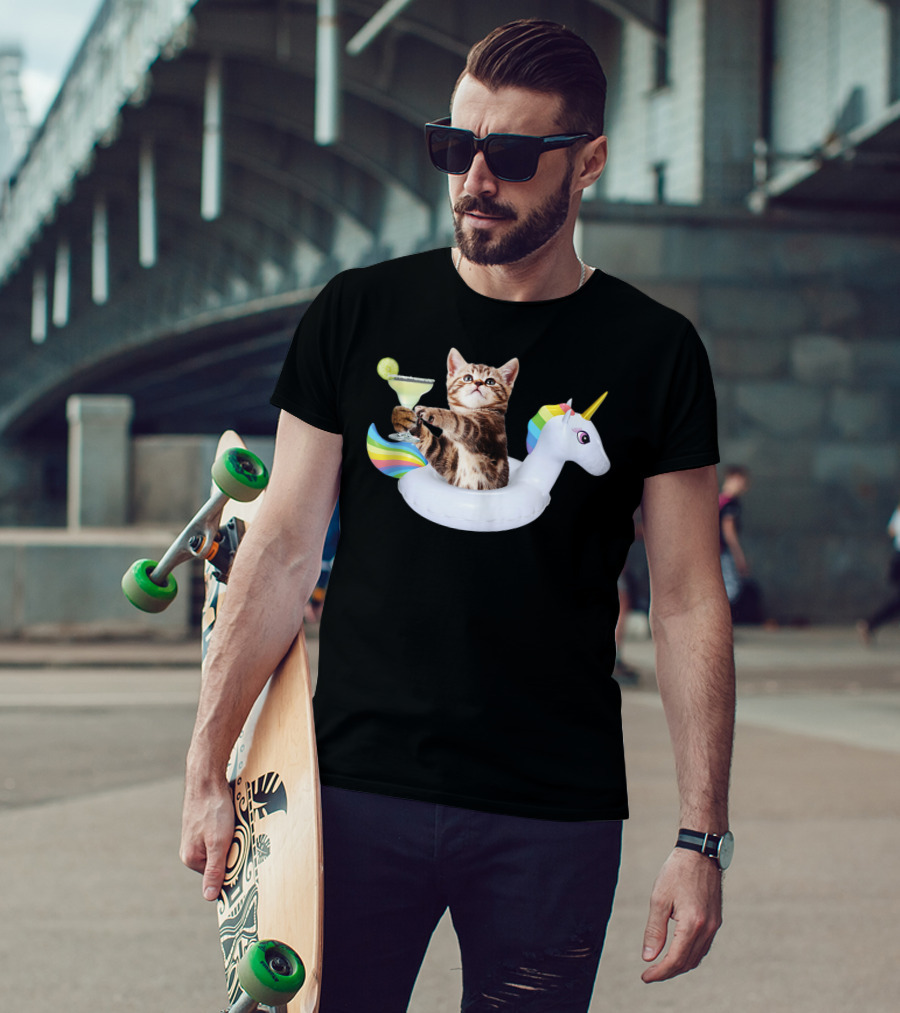 Kitty With Margarita On Rainbow Unicorn Float T-Shirt
