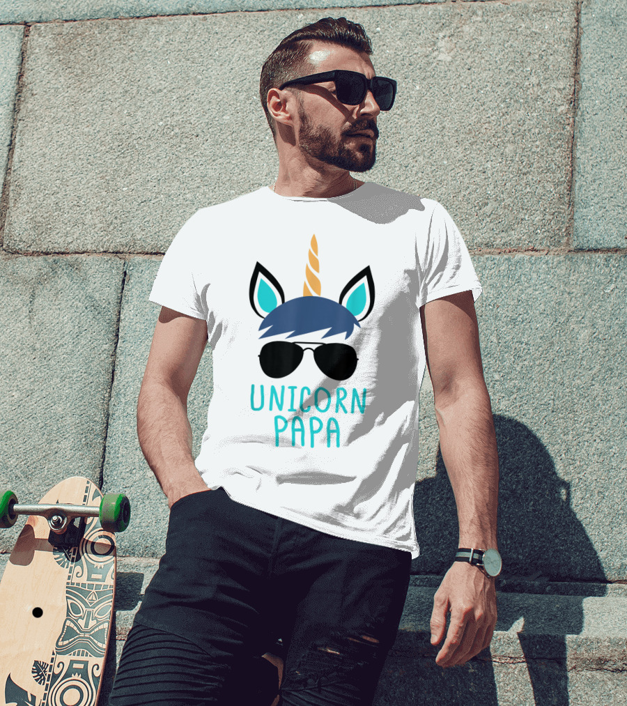 Unicorn Papa Sunglasses Blue Mane Horn Ears T-Shirt