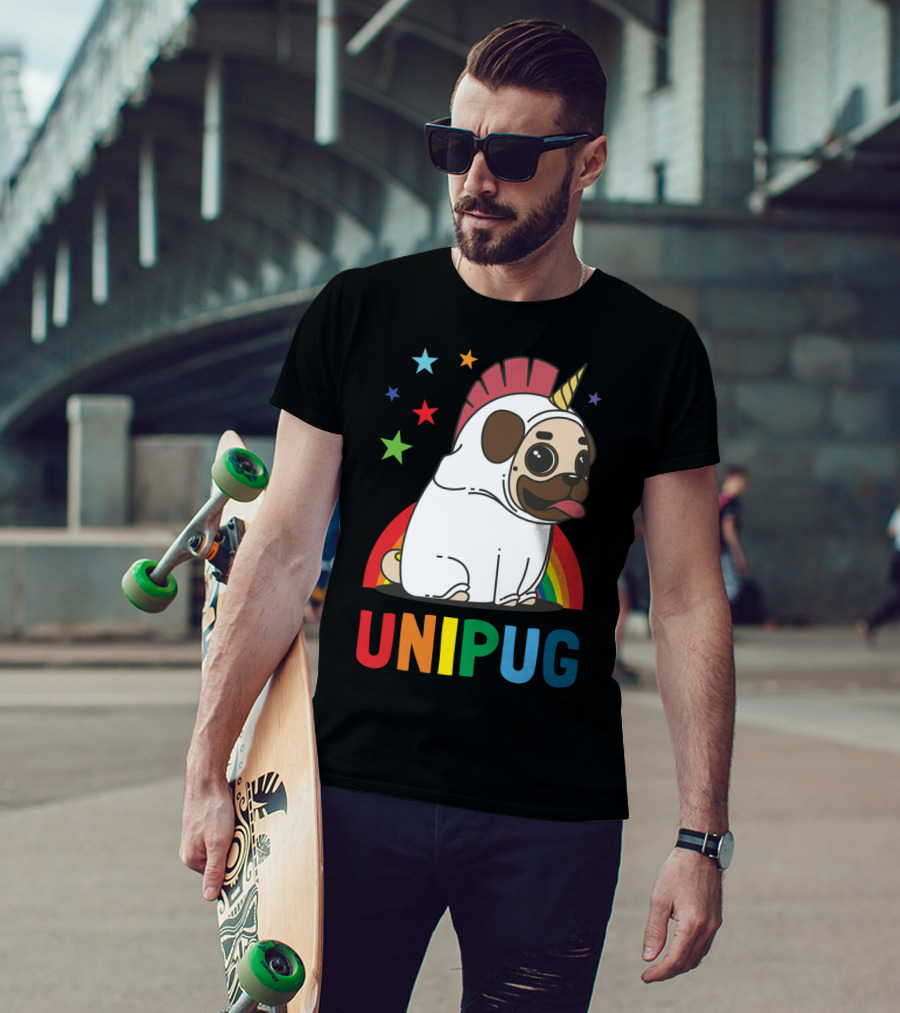 UNIPUG Rainbow Unicorn Pug Dog With Stars T-Shirt