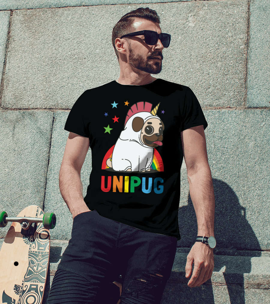 UNIPUG Rainbow Unicorn Pug Dog With Stars T-Shirt