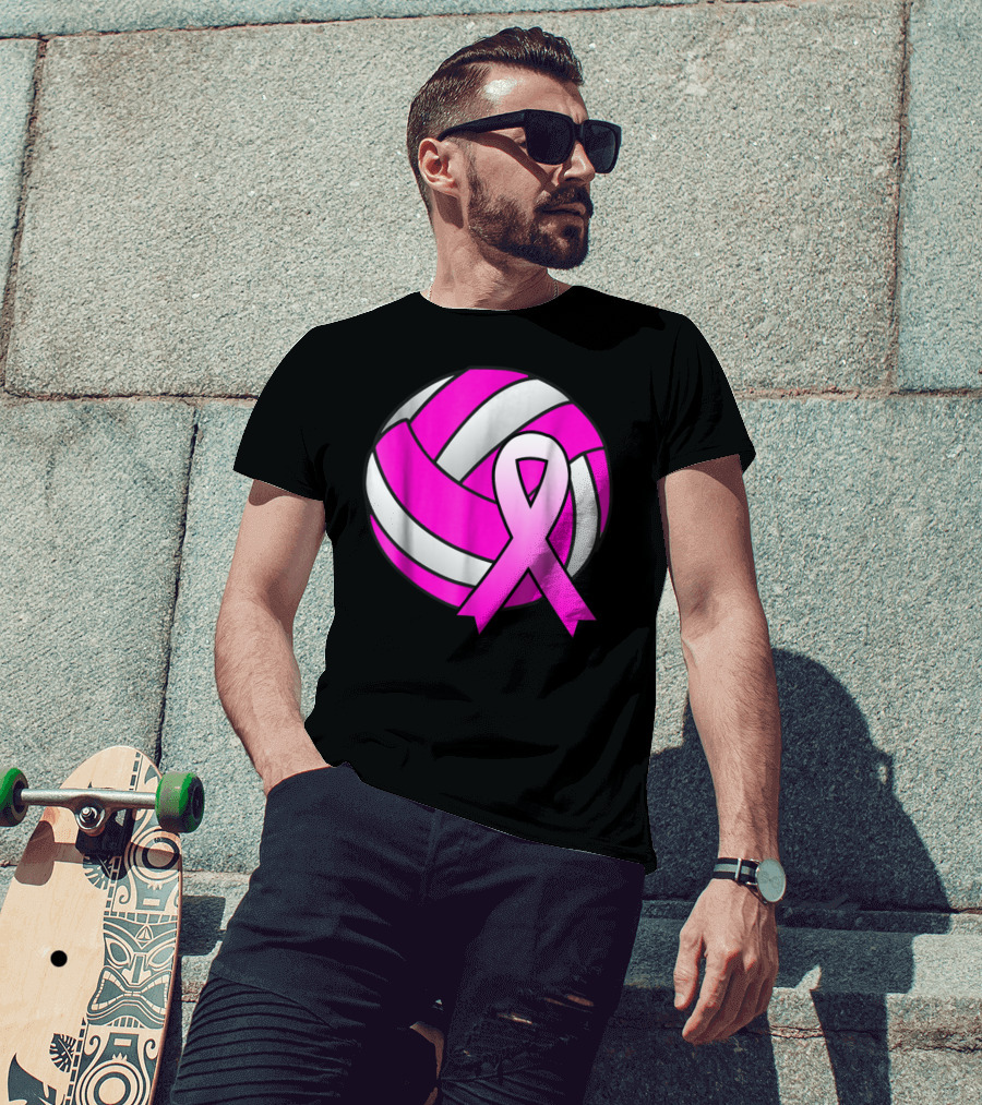 Volleyball Pink Ribbon Breast Cancer Awareness Symbol On Ball T-Shirt