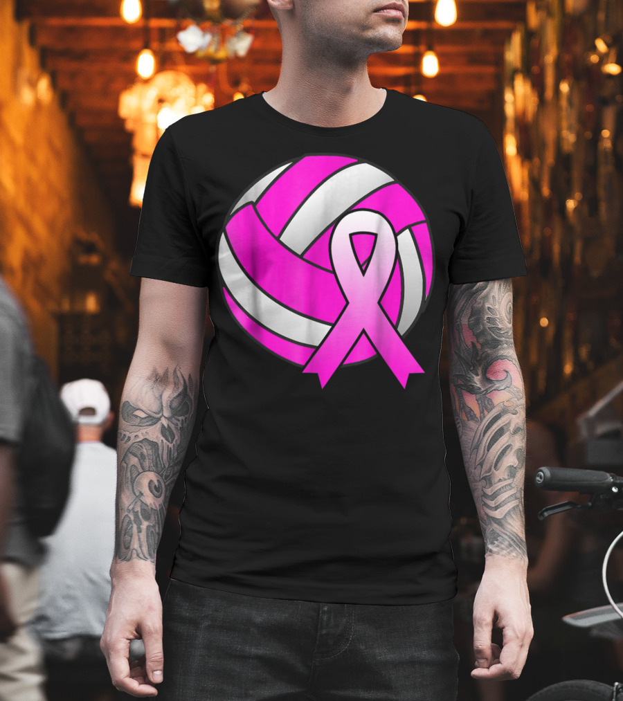 Volleyball Pink Ribbon Breast Cancer Awareness Symbol On Ball T-Shirt