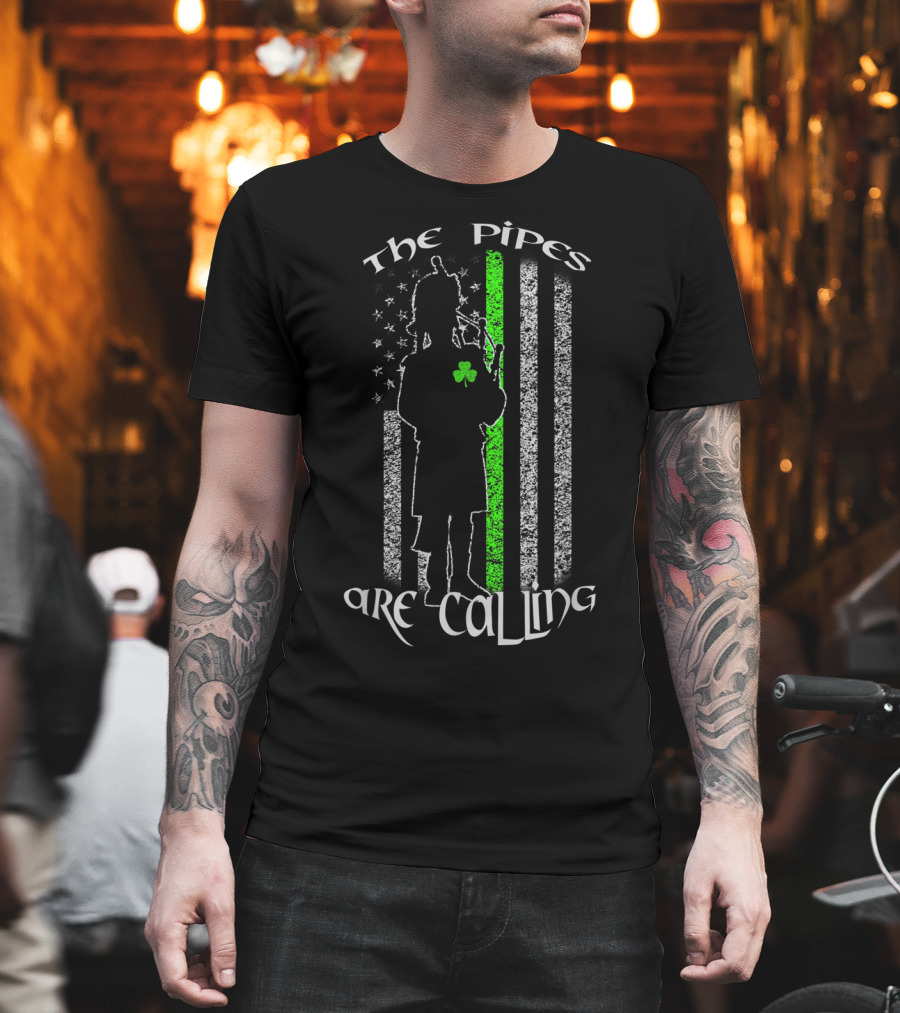 The Pipes Are Calling Saint Patrick's Day Bagpipe Silhouette and Shamrock Flag T-Shirt