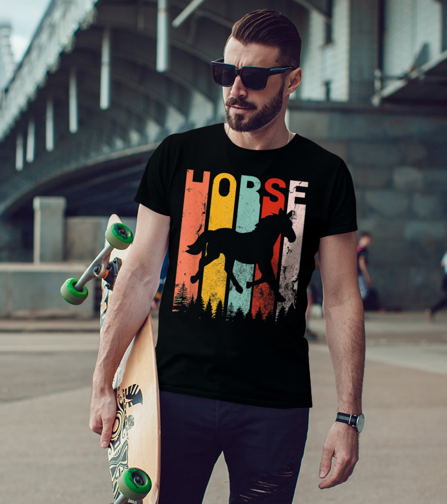 Vintage Style Horse Lover Silhouette With Colorful Stripes And Forest T-Shirt