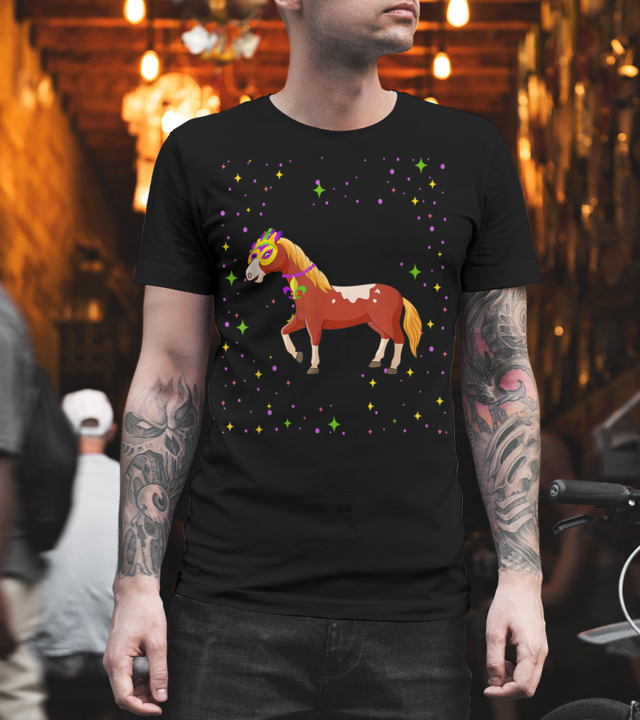 Mardi Gras Horse Wearing Mask And Beads With Colorful Stars T-Shirt