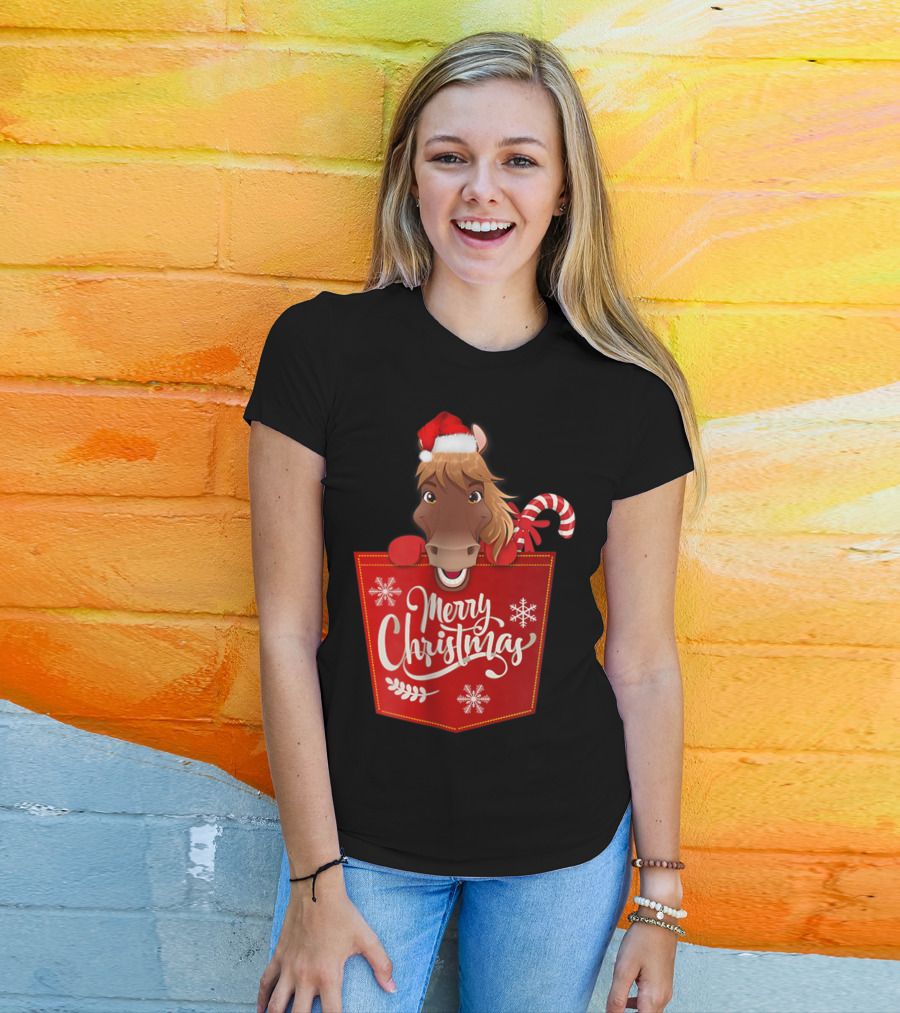 Merry Christmas Santa Hat Horse Candy Cane Funny Pocket T-Shirt
