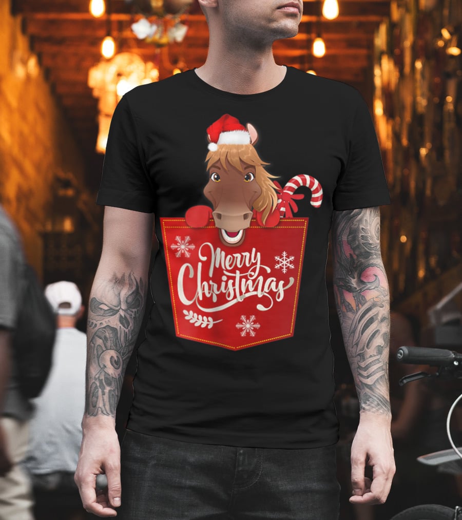 Merry Christmas Santa Hat Horse Candy Cane Funny Pocket T-Shirt