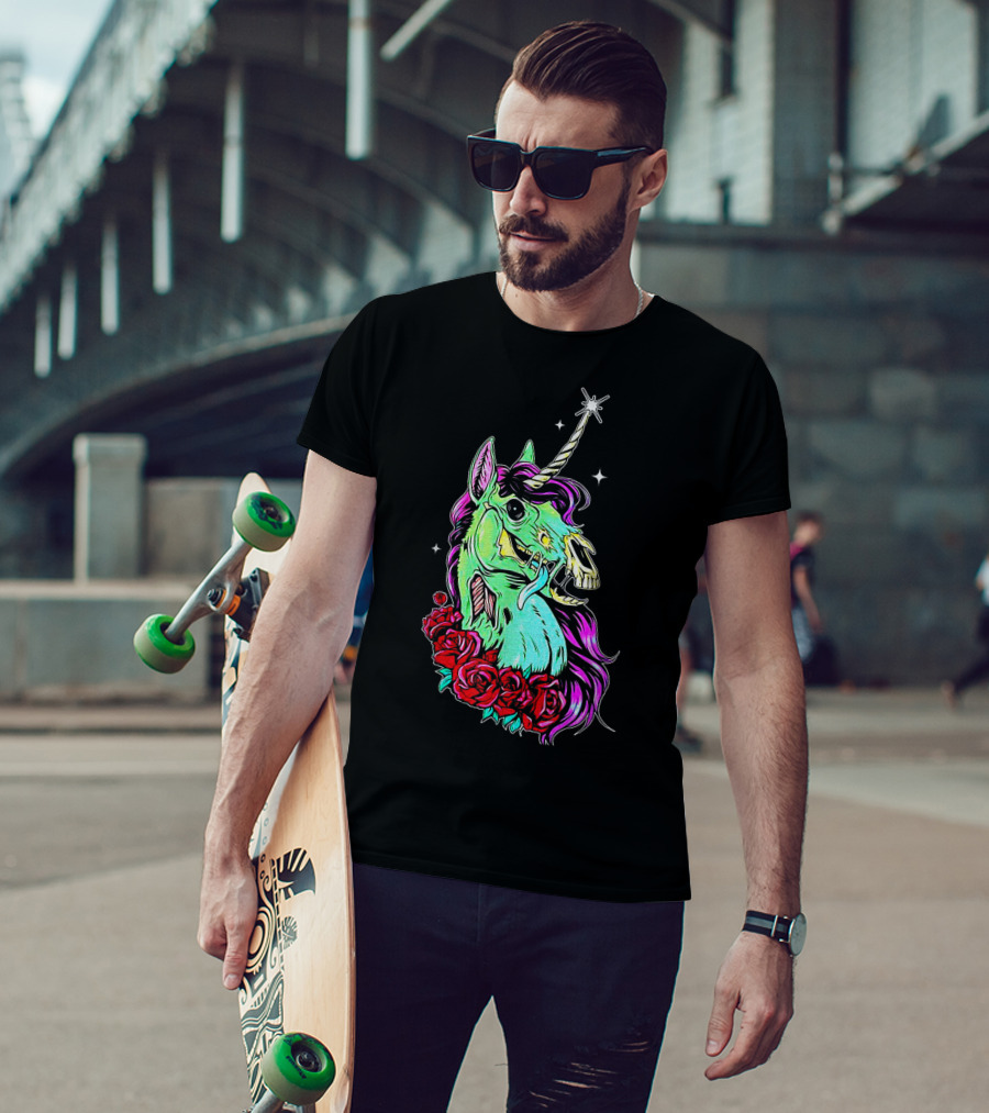 Funny Rose Floral Unicorn Horse Zombie Vibes T-Shirt