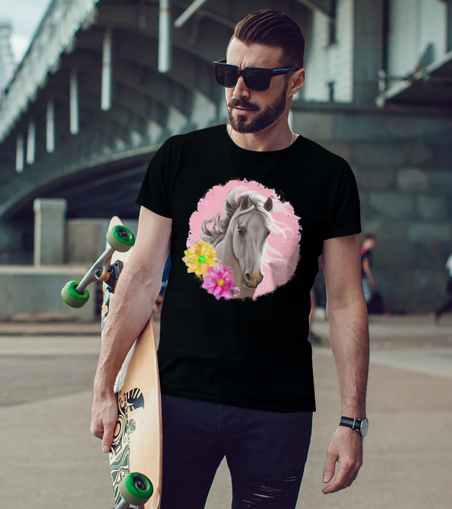 Gorgeous Horse With Vibrant Flowers On Pink Background T-Shirt