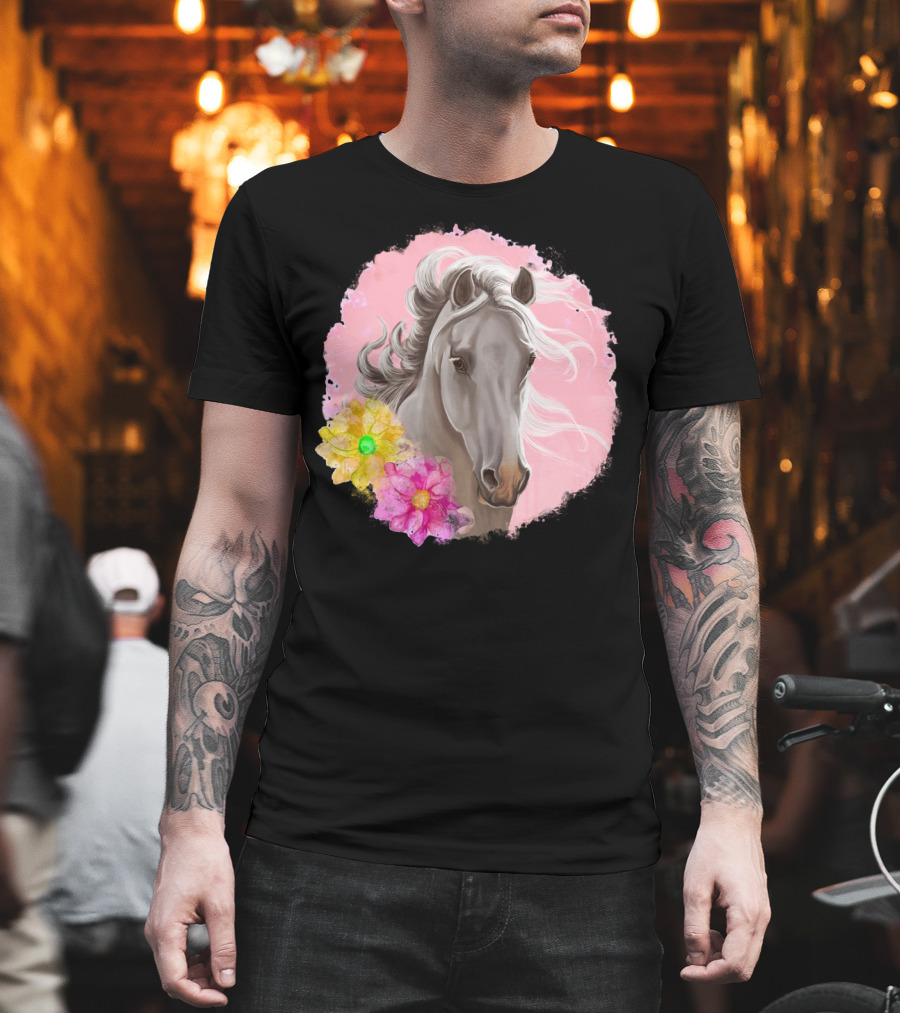 Gorgeous Horse with Vibrant Flowers on Pink Background T-Shirt