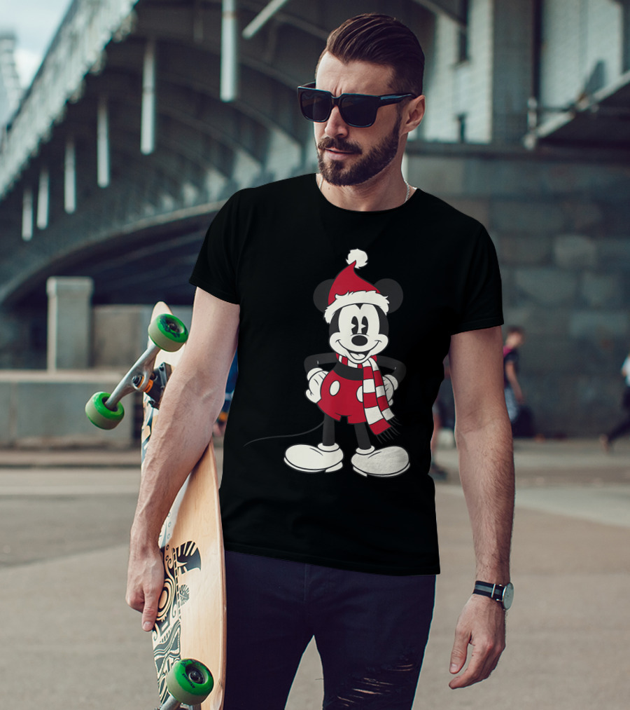 Disney Mickey Mouse Christmas Santa Hat And Scarf T-Shirt