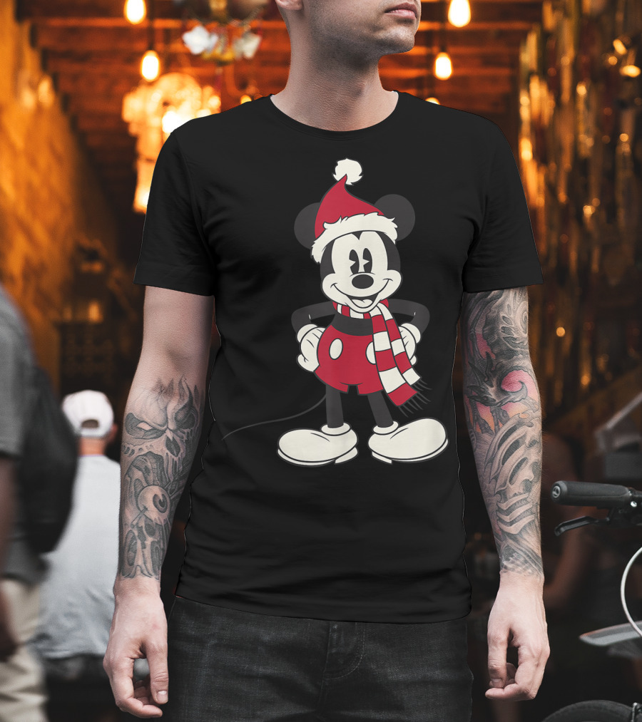 Disney Mickey Mouse Christmas Santa Hat and Scarf T-Shirt