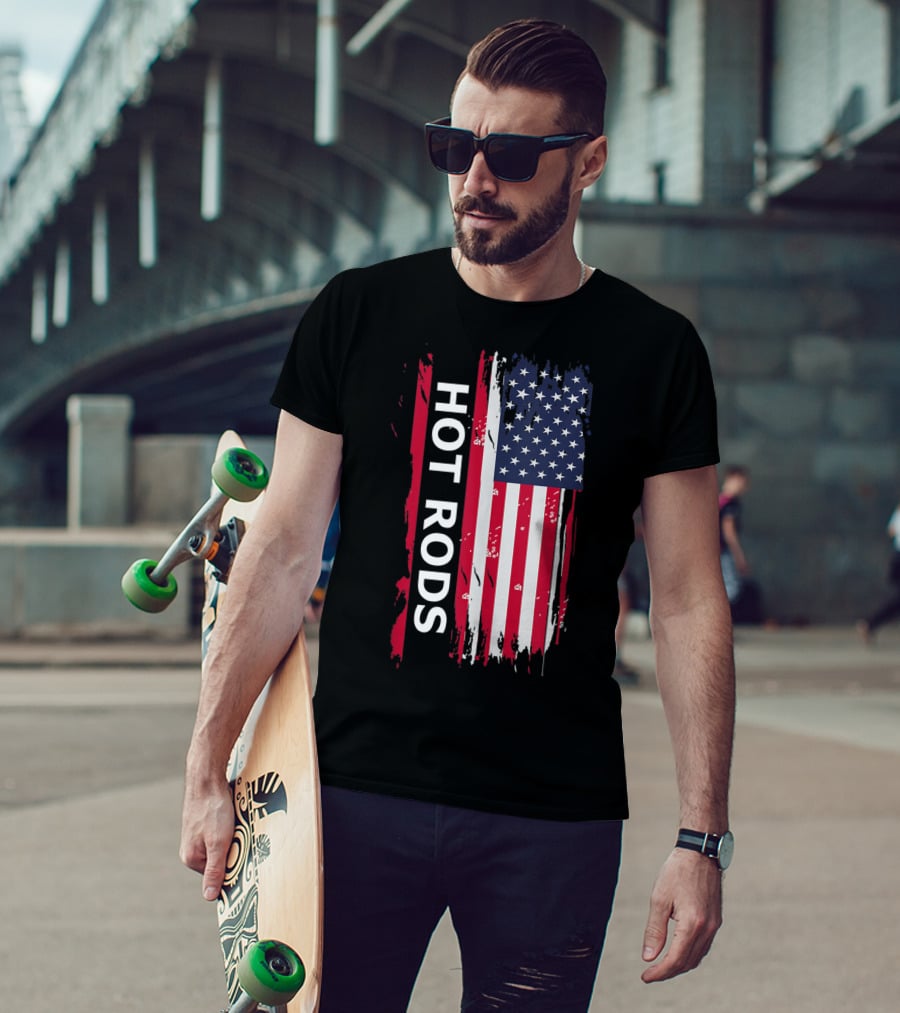 HOT RODS American Flag Classic Muscle Cars T-Shirt