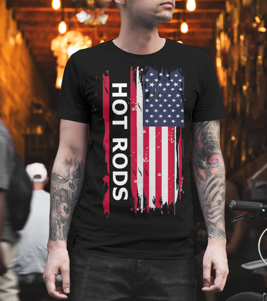 HOT RODS American Flag Classic Muscle Cars T-Shirt