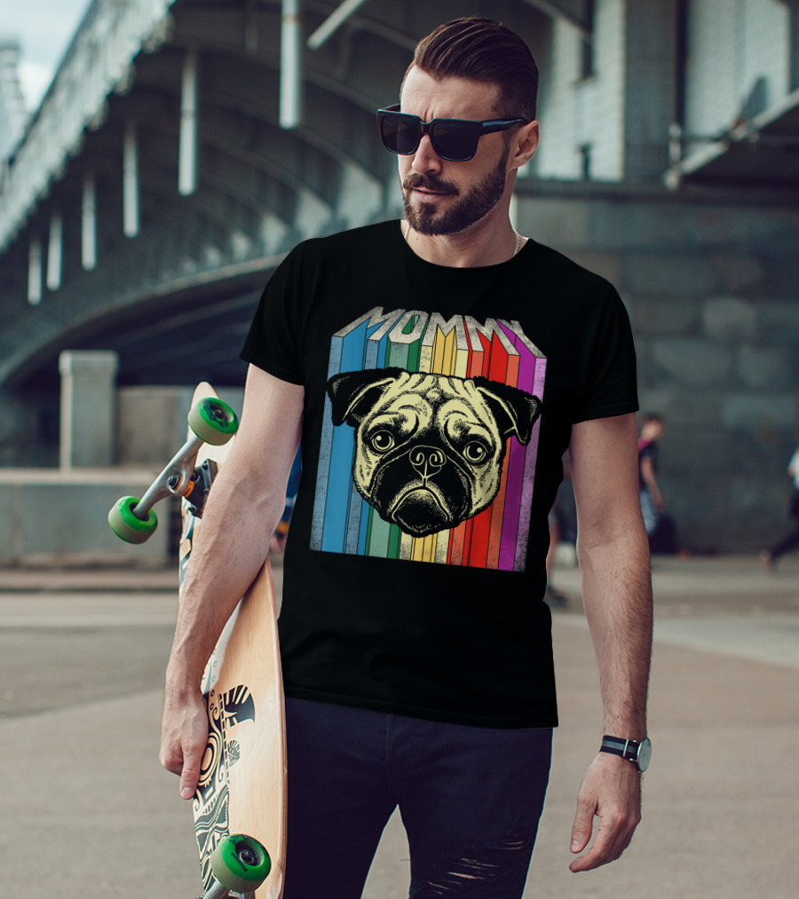 Mommy Pug Dog Retro Rainbow Stripes T-Shirt