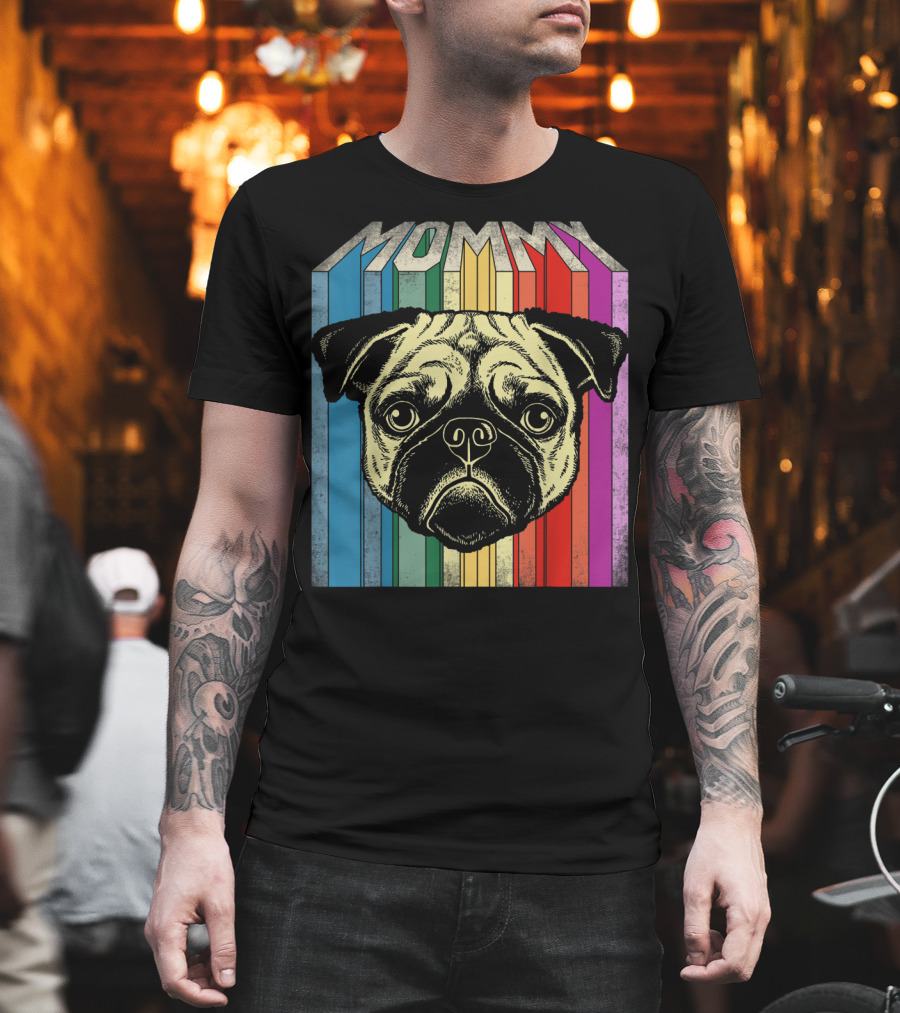 Mommy Pug Dog Retro Rainbow Stripes T-Shirt
