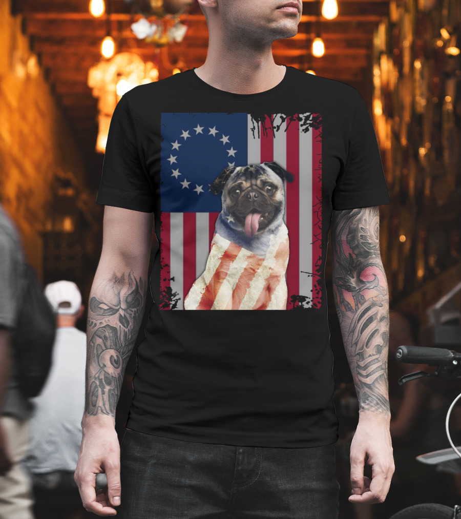 Pug Betsy Ross American Flag Costume Patriotic US Flag T-Shirt