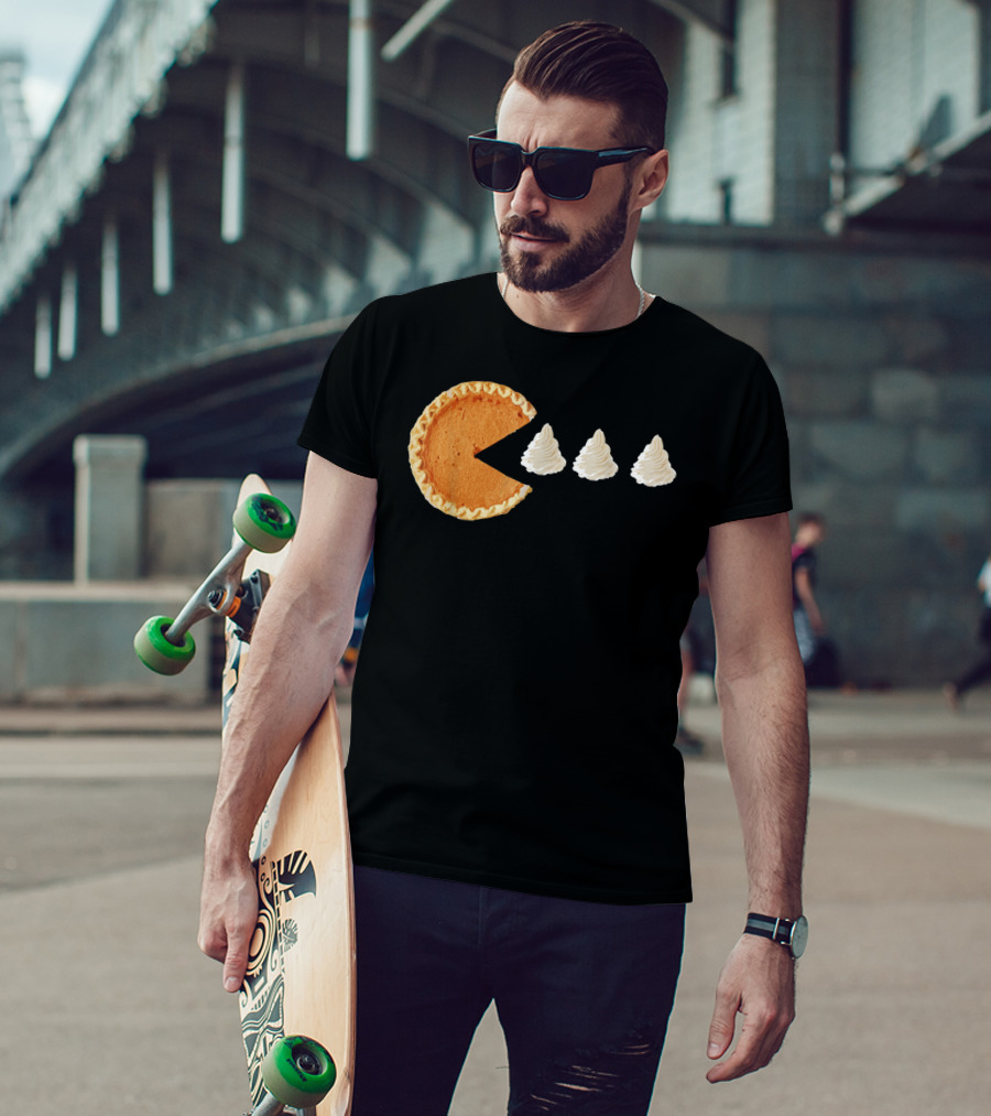 Pumpkin Piece Thanksgiving Day Video Game Pie Whipped Cream Chase T-Shirt