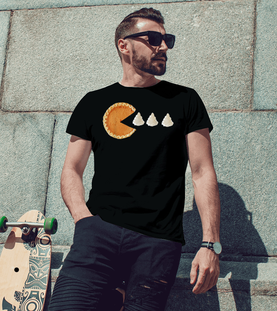 Pumpkin Piece Thanksgiving Day Video Game Pie Whipped Cream Chase T-Shirt