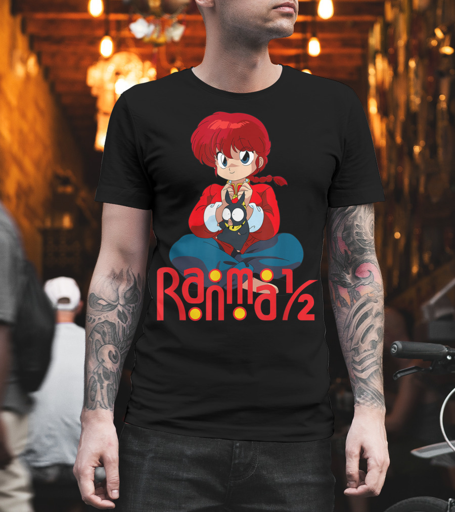 Ranma 1/2 Classic Anime Character Sitting With Black Cat T-Shirt