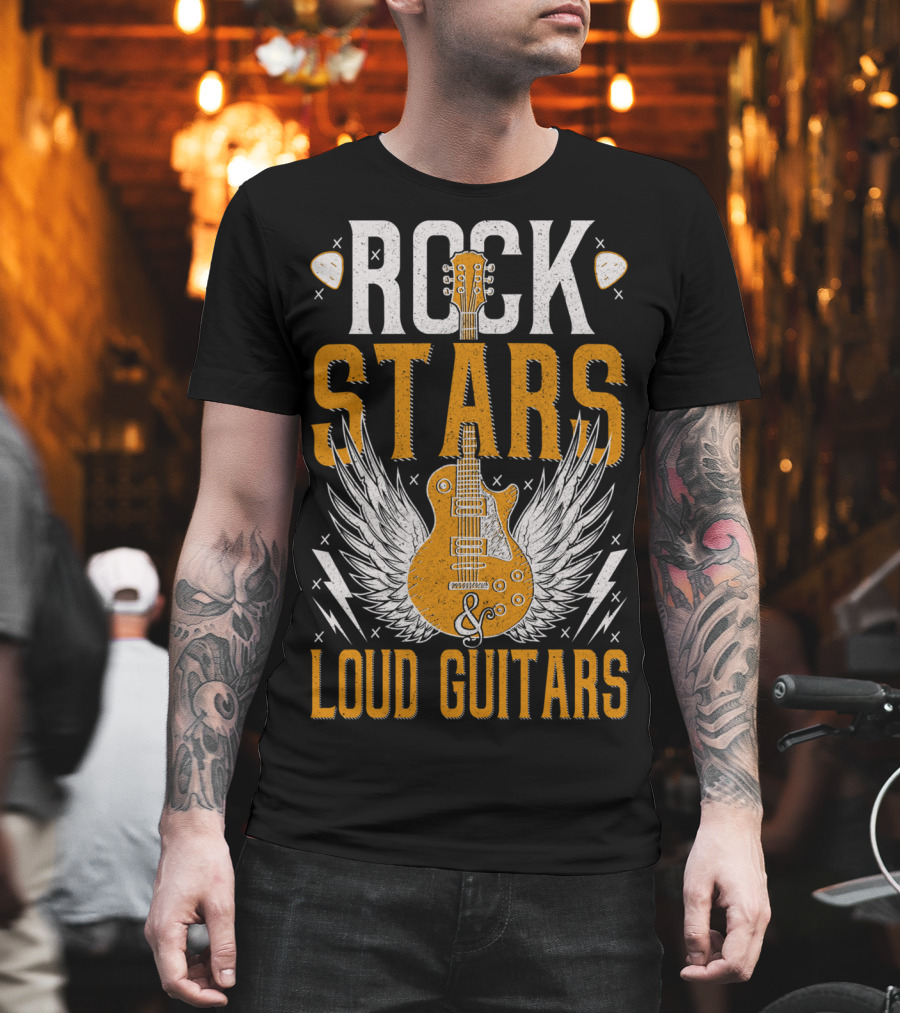 Rock Stars And Loud Guitars Vintage Classic Wings Electric Guitar T-Shirt