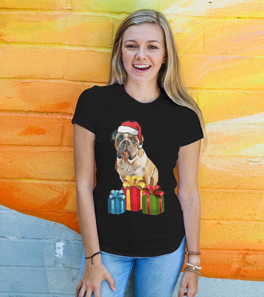 Bulldog With Santa Hat And Holiday Gifts T-Shirt