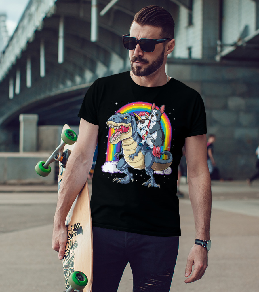 Boston Terrier And Unicorn Riding T-Rex T-Shirt