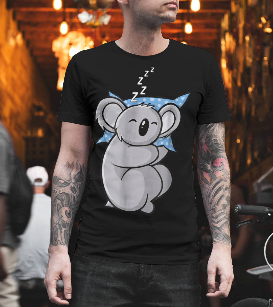 Cute Koala Bear Lazy Sleeping Animal with Blue Polka Dot Pillow T-Shirt