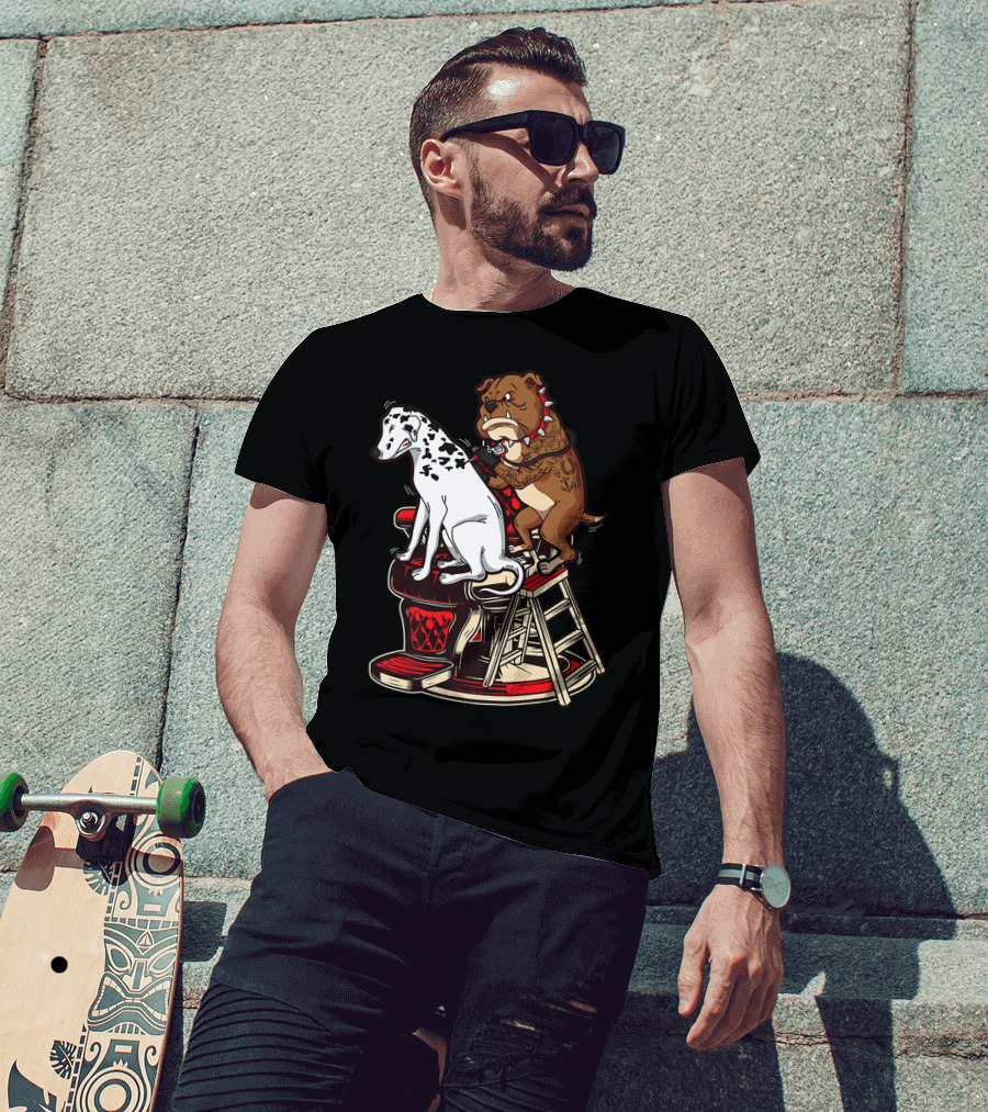 Dalmatian And Tattoo Artist Bulldog On Barber Chair T-Shirt