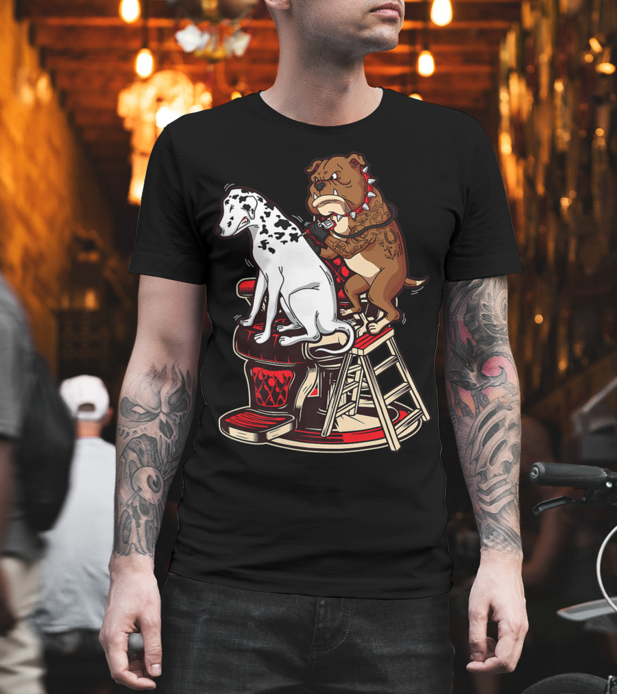 Dalmatian And Tattoo Artist Bulldog On Barber Chair T-Shirt