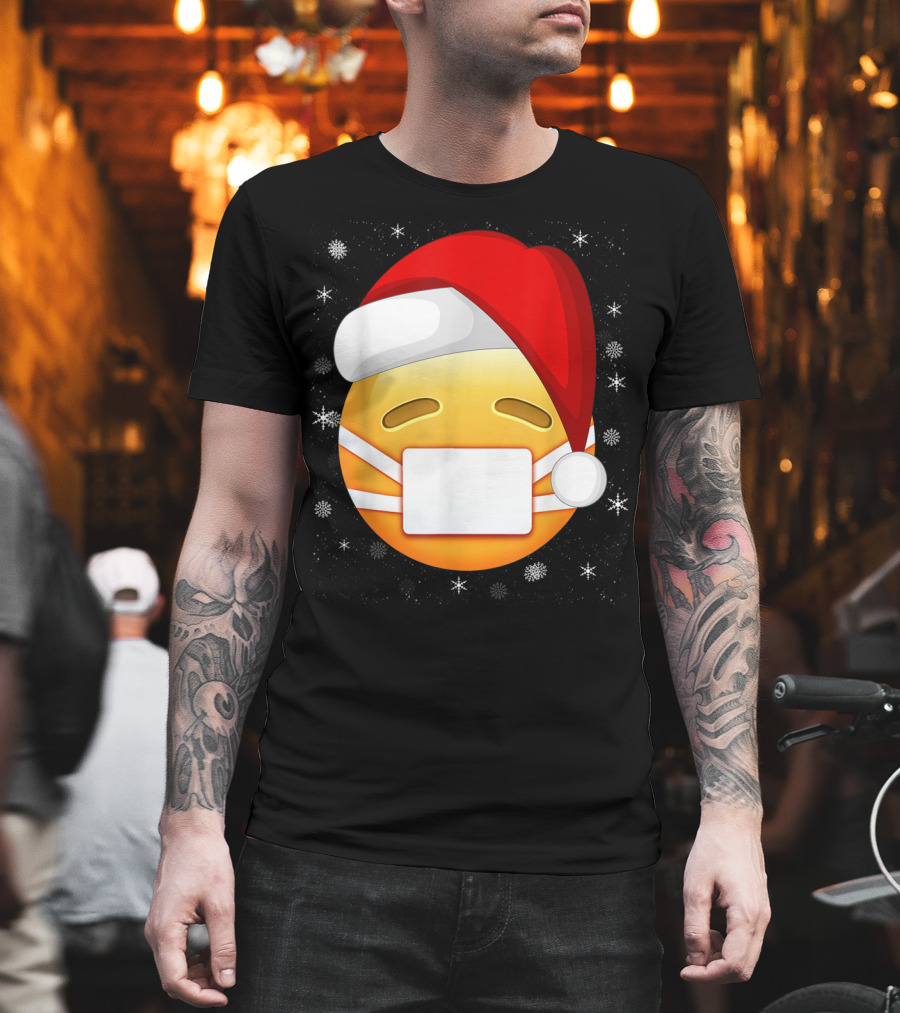 Funny Face With Medical Mask Emojis Santa Hat Snowflakes T-Shirt