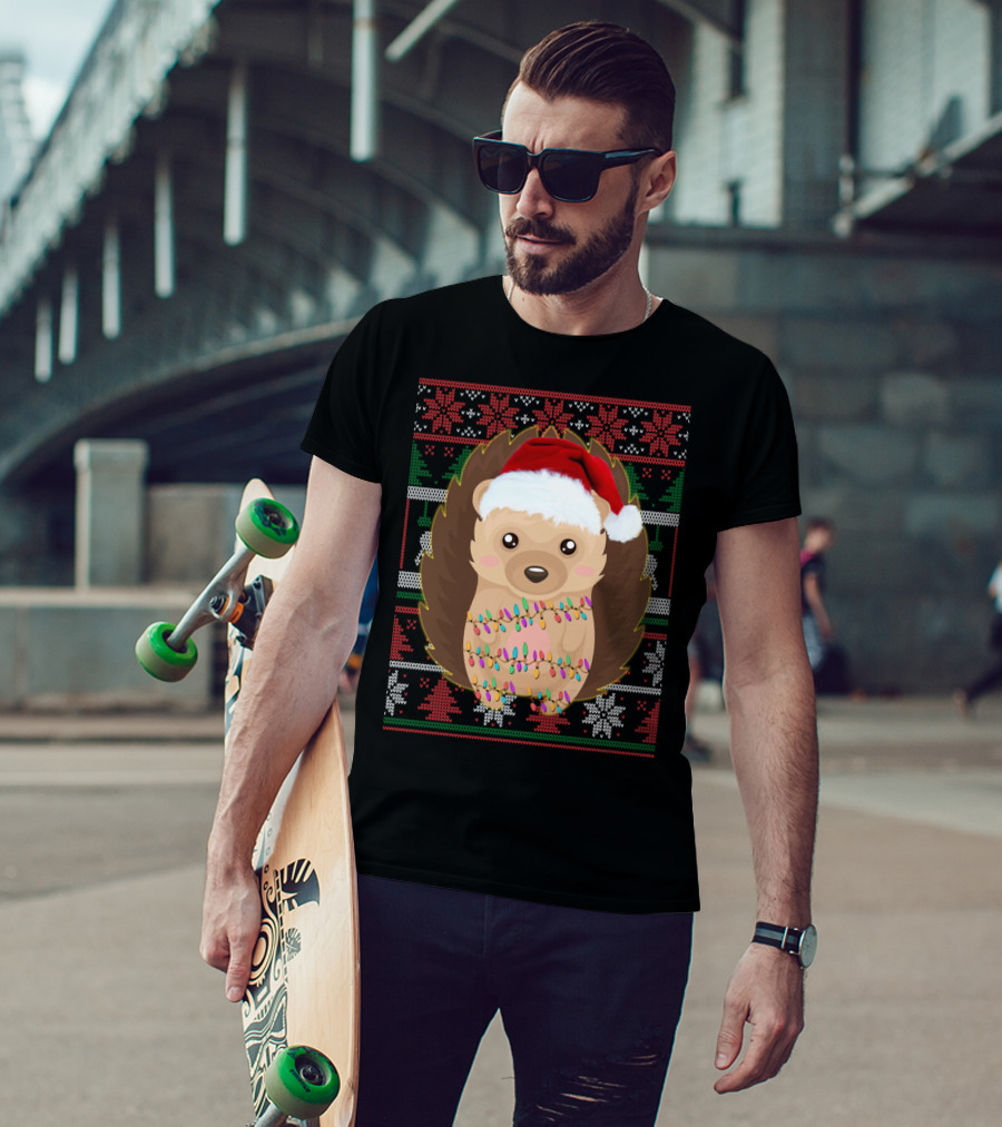 Funny Christmas Hedgehog Ugly Sweater Lights T-Shirt