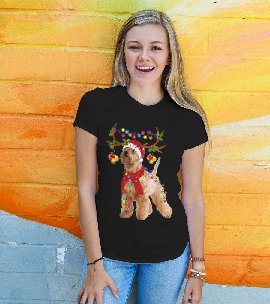 Wheaten Terrier Santa Reindeer With Festive Christmas Lights T-Shirt