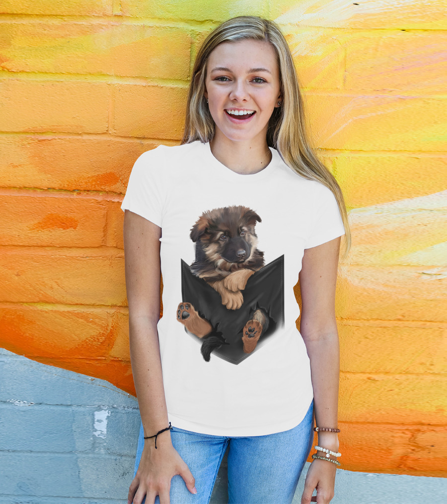 German Shepherd Puppy In Black Pocket T-Shirt