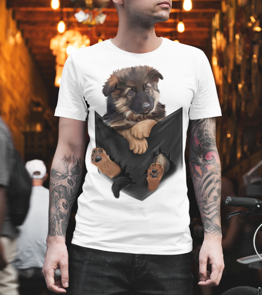 German Shepherd Puppy in Black Pocket T-Shirt