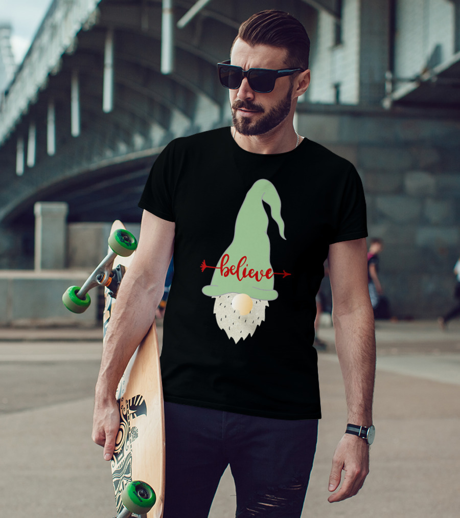 Believe Gnome With Green Hat And Red Arrow T-Shirt