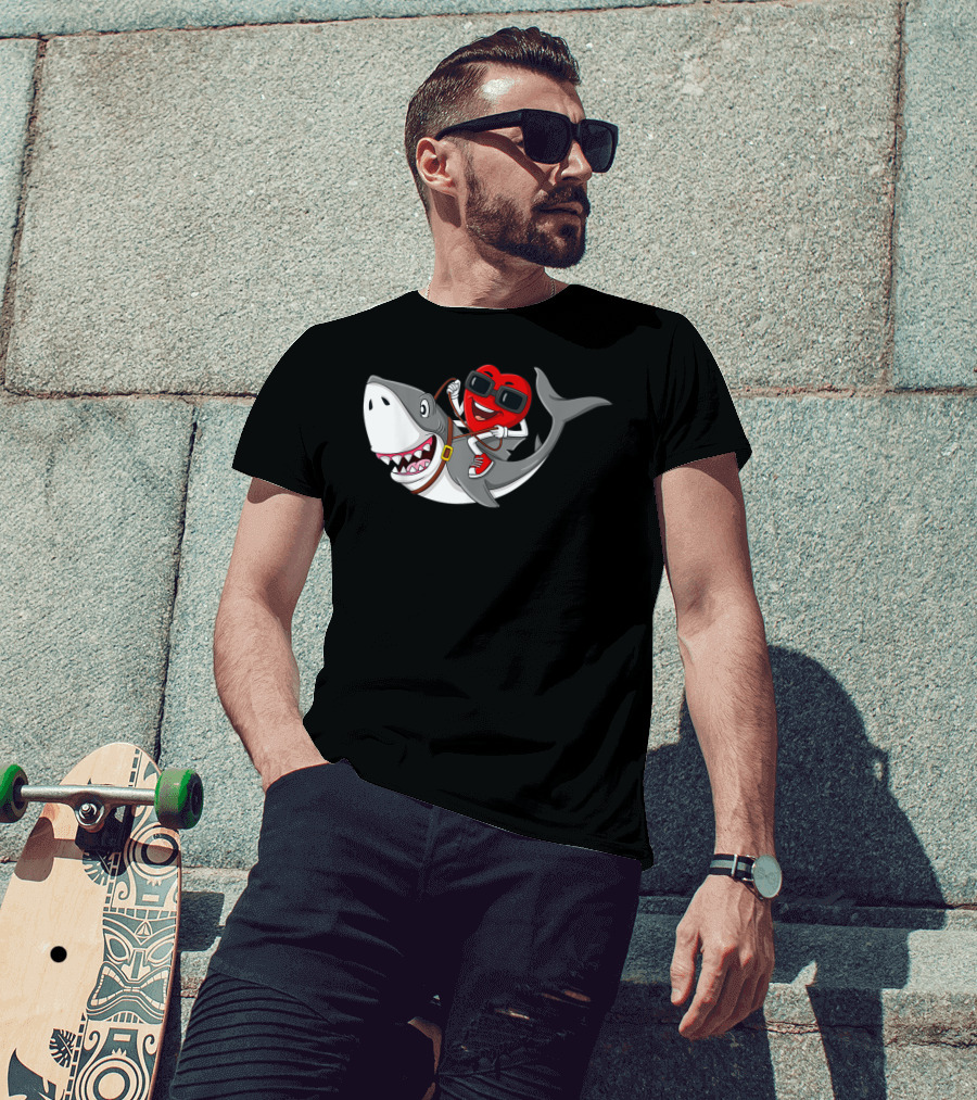 Heart Riding Shark Valentine's Day Adventure T-Shirt