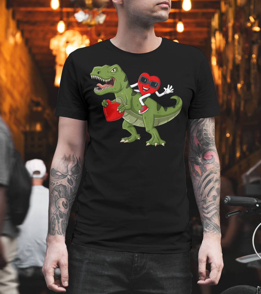 Heart Riding T-Rex Holding Valentines Day Hearts T-Shirt
