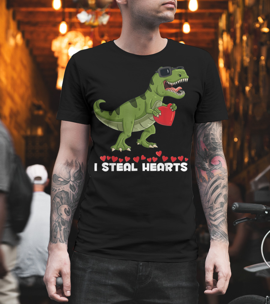 I Steal Hearts Dinosaur With Sunglasses Holding Red Heart Valentines Day T-Shirt