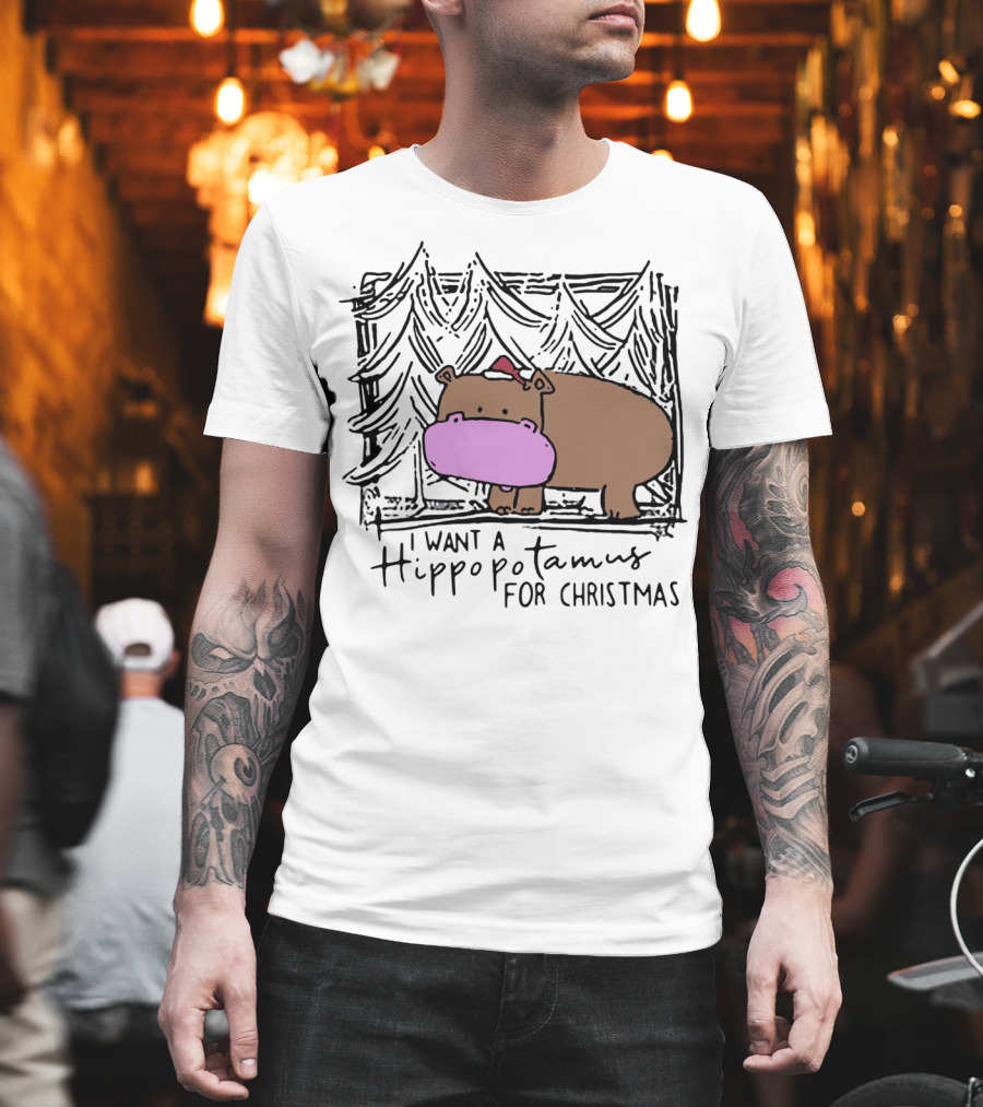 I Want A Hippopotamus For Christmas Hippo Santa Hat Festive T-Shirt