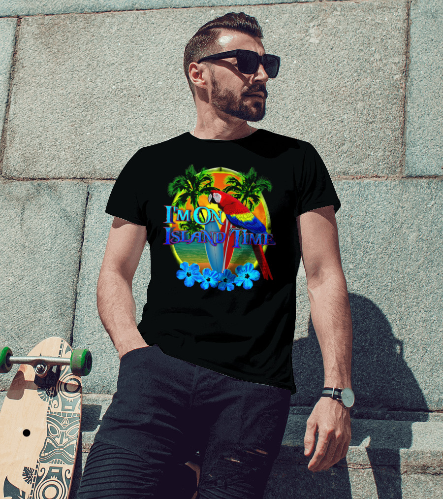 I'm On Island Time Parrot With Surfboards And Palm Trees Tropical Beach T-Shirt