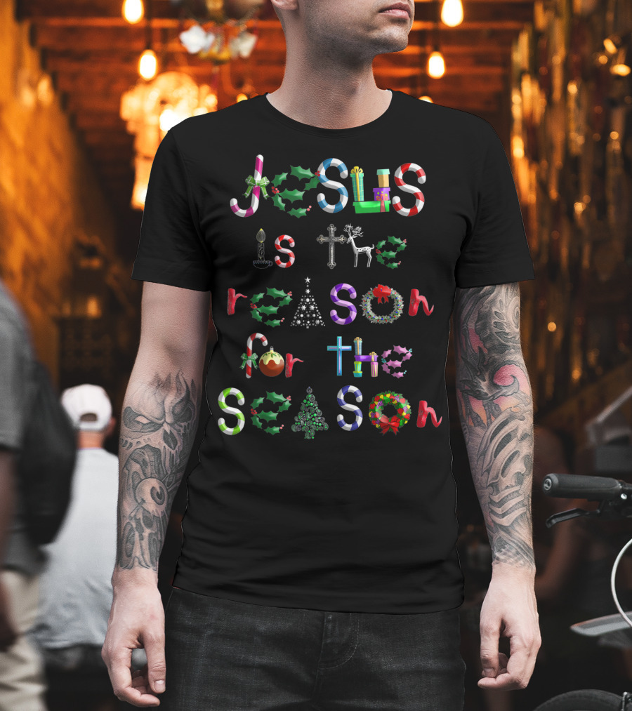 Jesus Is The Reason For The Season Christmas Symbols Candy Canes Holly Cross Reindeer Tree Bow T-Shirt
