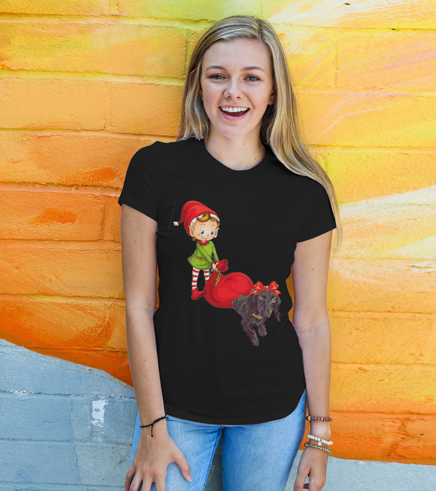 Kids Elf With Red Gift Sack And Black Dog In Santa Hat T-Shirt