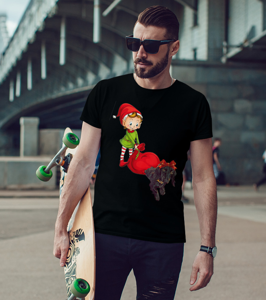 Kids Elf With Red Gift Sack And Black Dog In Santa Hat T-Shirt