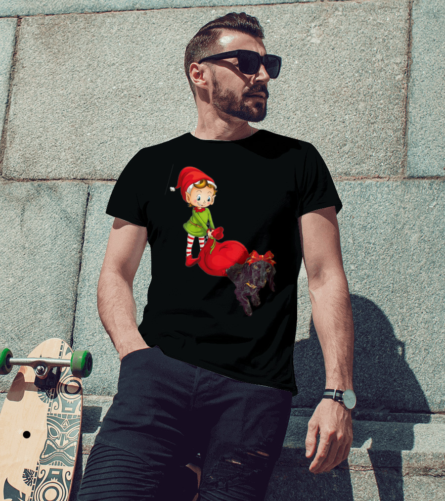 Kids Elf With Red Gift Sack And Black Dog In Santa Hat T-Shirt
