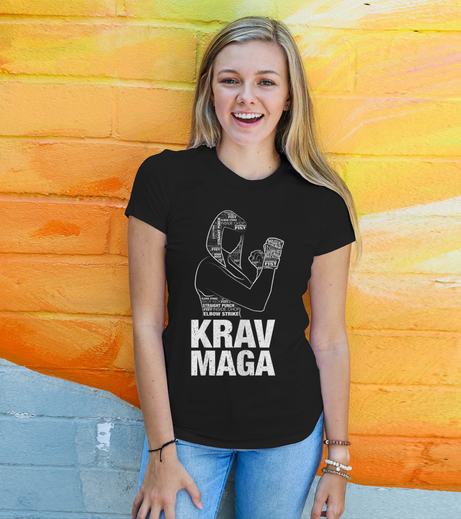 Krav Maga Woman Martial Arts Self Defence Straight Punch Elbow Strike Fist Techniques T-Shirt